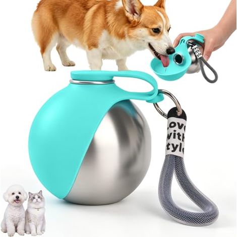 Borraccia per cani da passeggio, 285 ml, in acciaio inossidabile, a prova di perdite, con ciotola in silicone pieghevole, portatile, ideale per passeggiate, viaggi e campeggio. (1/5)