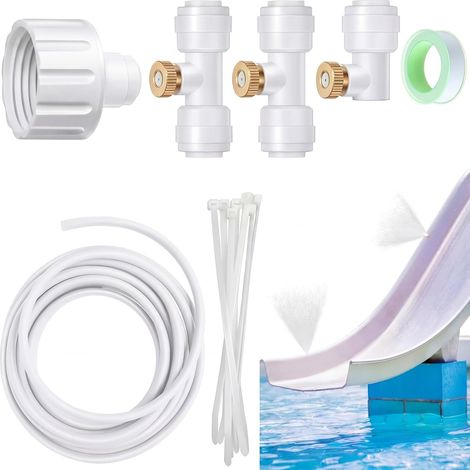 Kit de tubes d'eau pour toboggan de piscine, conduite d'eau de 10 m pour toboggan hors sol, tube de glissière d'eau de piscine avec 3 buses de brume en laiton, kit de brumisation de (1/5)