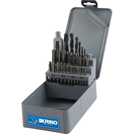 Krino 17005402 - Set di 7 Maschi Metrici a Mano In Serie di 3 Pezzi, 7 Punte Rullate e un Giramaschio in Lega - 29 Pezzi (1/2)