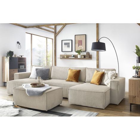 Bobochic – Pouf NIHAD velours côtelé beige – Confort ferme – Dimensions 100x70x44 cm – Style vintage – Tissu 100% polyester résistant (1/4)