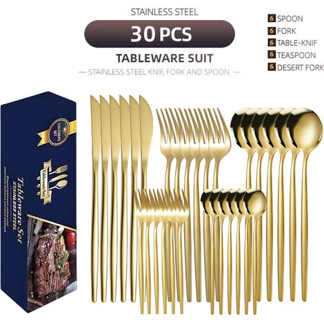 Lot de 30 couverts en acier inoxydable doré, couteaux, fourchettes, cuillères pour steak, café et dessert, coffret cadeau pour 6 personnes