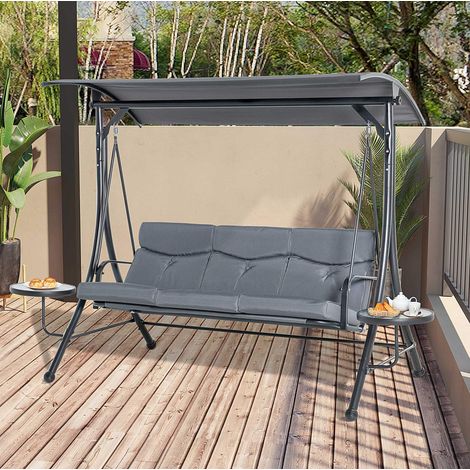 Dondolo da giardino 3 posti in acciaio grigio con tettuccio regolabile, 2 tavolini laterali e cuscino 271x125x177 cm (1/5)