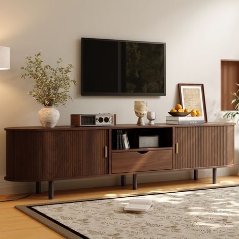Meuble TV 175x40x55 cm avec rangements portes coulissantes tiroirs niches moderne en MDF noyer (1/5)