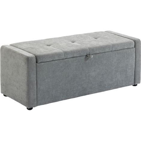 Banc de rangement, bout de lit, repose-pieds rembourré en lin avec assise large, 122 x 48 x 44 cm, gris clair (1/5)