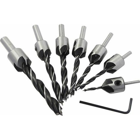[NON UTILIZZATO] 7 pezzi Fraise Bois Mèche à Bois 5 Flte Foret Conique Set in HSS Acier à Haute Vitesse à Bois Aésoir Chanfreinage Outil 3 4 5 6 7 8 10mm Avec Clé Hexagonale