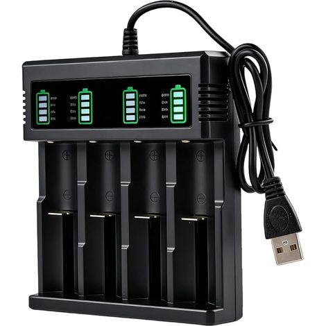 Chargeur 18650 avec écran LCD, chargeur de batterie Li-ion, chargeur rapide 4 compartiments pour batteries 3,7 V, universellement compatible avec 18650, 26650, 18500, 14500, 21700, 26700, USB-A