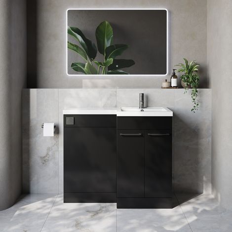 Napoli 390 Matt Black 1000mm 2 Door Vanity Unit Toilet Suite with Right Hand Square Lucia Basin - 1000mm - Gunmetal Grey 160mm HandleWithout Kingston Toilet Pan