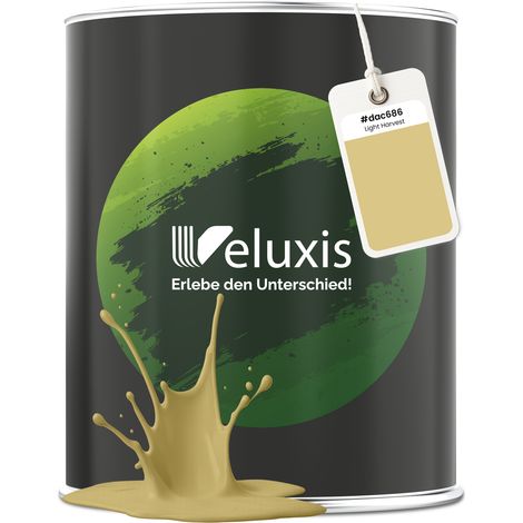 Pittura murale giallo oro beige opaca per interni – Copertura classe 1, senza COV, senza primer, a bassa gocciolatura – Soggiorno e camera da letto – 2,5 L – Veluxis (Light Harvest)
