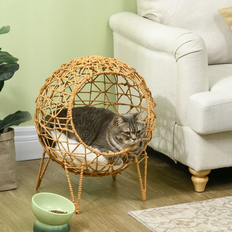 Panier pour chat en rotin, niche pour chat, maison pour chat, lit pour chat avec coussin, design surélevé, couchage pour animaux, marron, Ø45 x 57H cm