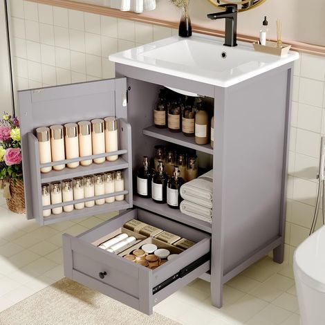 Meuble de Salle de Bain avec lavabo encastré, 1 Porte, 1 tiroir Silencieux et étagère Ajustable - MDF + Céramique, Surface laquée - Gris - 51x46x85 cm (1/5)