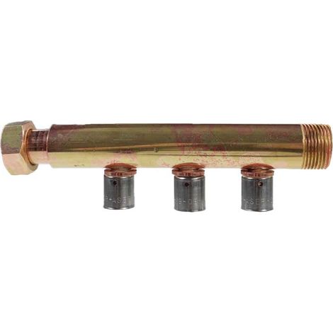 Collecteur à Sertir PER entraxe 40mm Ø3/4" (20/27) Mâle Femelle écrou libre - 3 Piquages Ø16 avec ses Bagues - Arcanaute (1/4)