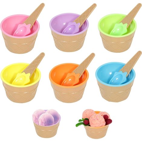 Lot de 6 bols à glace en plastique avec cuillères, couleurs cartoon, set réutilisable pour sundae et yaourt glacé, fête d'été (1/5)