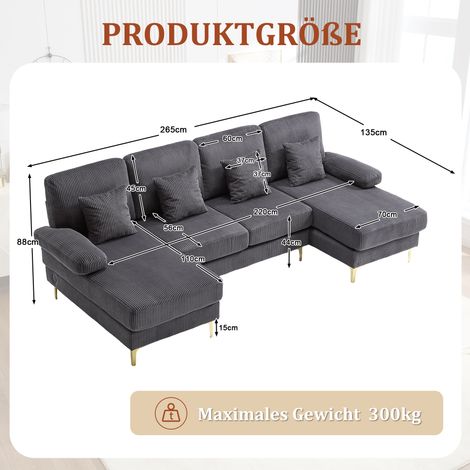 Canapé moderne en U avec éclairage LED,cadre bois massif,USB-C,4 coussins luxueux et dossier ergonomique. Confort optimal. Gris. (1/5)