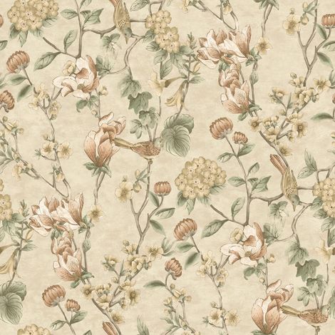 Floral Bird Trail Wallpaper Cream Green Flower Trees Leaves Natural Botanical (1/4)