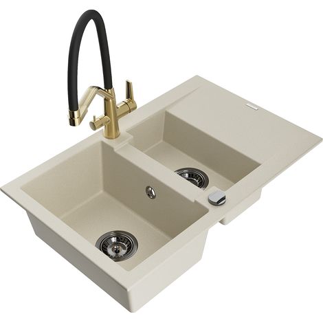 Évier en granit Mexen Gaspar 1,5 bac avec égouttoir et robinet de cuisine Duo, beige - 6507-69-671701-57-B (1/5)