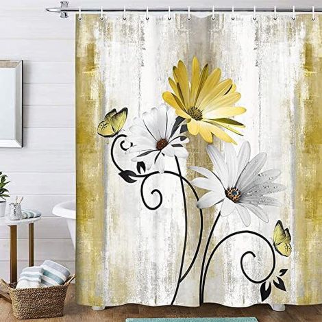 Cortina de ducha rústica estilo granja, decorada con margaritas amarillas y motivos de mariposas, 70x75 pulgadas, incluye 12 ganchos, compatible con barras de cortina de ducha estándar.