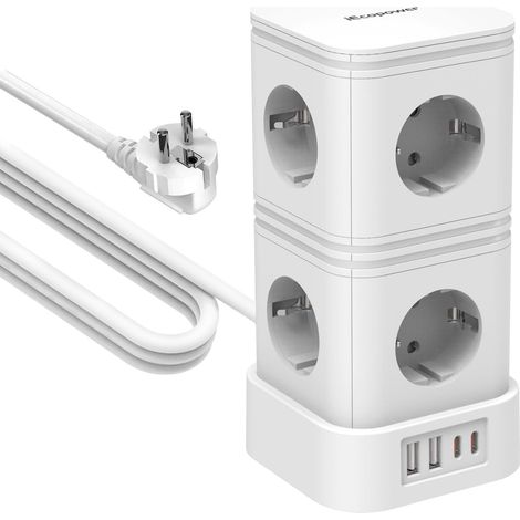 Tour Multiprise avec Interrupteur,PD20W USB multiprise(2 USB-C Ports et 2 USB-A Ports),Multiprise parafoudre,4000W/16A,1050 J, rallonge Electrique de 2 m, Blanc (1/5)