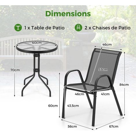 Montage Facile Salon de Jardin Bistrot 3 Pièces avec 2 Chaises Empilables et Table Ronde Verre Métal pour Balcon Terrasse (1/5)