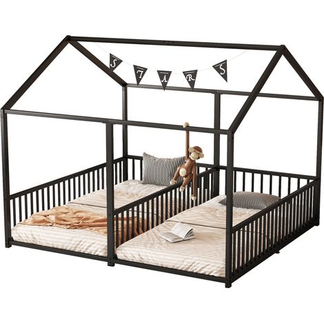 Lit cabane enfant 90x200 cm en métal avec barrières et échelle, structure solide pour 2 enfants, design maison noir, sans matelas – CHICFURN (1/5)