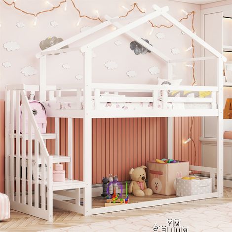 Litera 90x200 cm - Cama infantil con escalera de seguridad, somier de láminas - madera maciza - blanco (1/5)