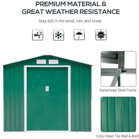 Abri de jardin en métal vert 2,13 m x 1,22 m x 1,83 m avec kit de fondation et double porte, idéal pour ranger vos outils et votre terrasse. (1/5)