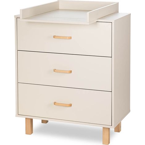 LAURA Commode bébé en bois de hêtre 3 tiroirs Champagne avec plan à langer amovible