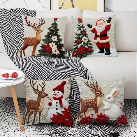 Housse De Coussin - Linen - Motif Renne Lapin - Décoration De Noël - Pour Canapé - Lot De 1 (1/5)