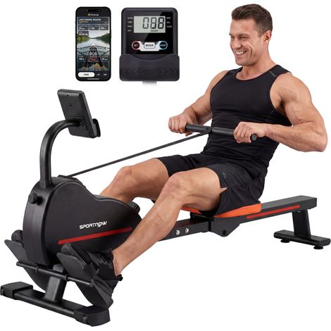 Rameur magnétique, compatible Bluetooth, avec Kinomap et Zwift, 16 niveaux de résistance, 135 x 42 x 72 cm, rouge