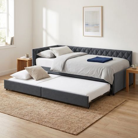 Divano letto 90x200 cm con letto estraibile, Letto singolo, Velluto, Struttura in legno e metallo, Stile capitonné, Grigio (1/5)