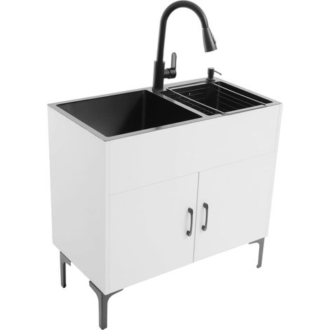 Évier autoportant avec robinet extensible, 78 x 43 x 81 cm, évier de cuisine, avec armoire, évier de salle de bain, anti-trop-plein, en acier inoxydable, pour l'extérieur, camping, cuisine, jardin