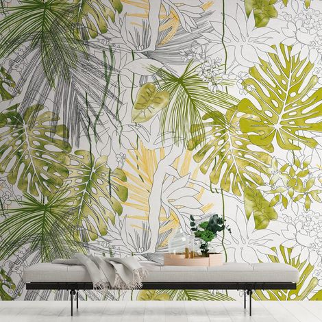 Fotomural Profhome 382321 papel pintado vinílico estampado en caliente tejido non tejido liso con dibujo de jungla mate verde blanco gris amarillo 3,71 m x 2,8 m