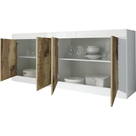 Credenza Poli, Madia 2 Ripiani, 4 Ante Made in Italy, 4 Vani, 207x43x86h cm Bianco Lucido