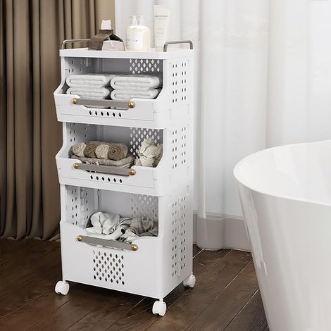 Chariot à linge multi-étages, 3 compartiments, panier à linge sur roulettes, 41,6 x 29,7 x 88,8 cm, avec roulettes, charge maximale 25 kg, à sol, blanc + gris (1/5)