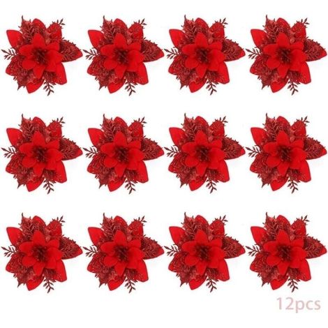 Weihnachtsblumen, 12 Glitzer-Weihnachtsblumen, Hohle Glitzer-Weihnachtsblumen, Poinsettie-Weihnachtsbaum-Kunstblumen-Dekoration, Ornament, Dekoration, Weihnachten (Rot-B) (1/4)