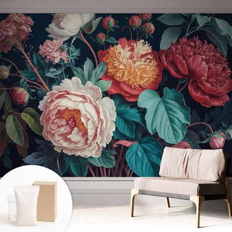 Papier peint intissé mural avec colle pour salon et chambre Décoration murale rapide - Colle incluse gratuite Fleurs colorées 312x219 cm (1/5)