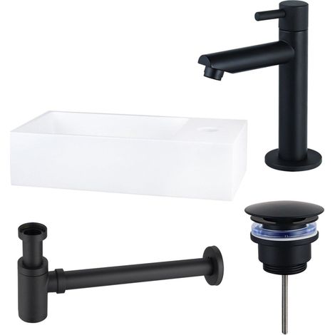 FugaFlow Eccelente Arredo Pack Lave-mains - 36x18.5x9cm - 1 trou de robinet - solid surface - robinet Noir mat - Blanc (1/4)