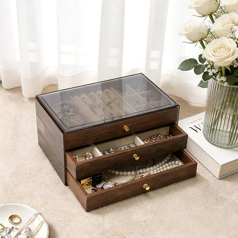 3 Niveaux Boite a Bijoux Femme avec Cloison Amovible En bois (1/5)