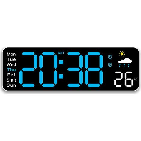 Horloge murale LED avec affichage de la température, alarme et calendrier perpétuel, style minimaliste moderne, pour salon. Coque blanche, lumière bleue. (1/5)
