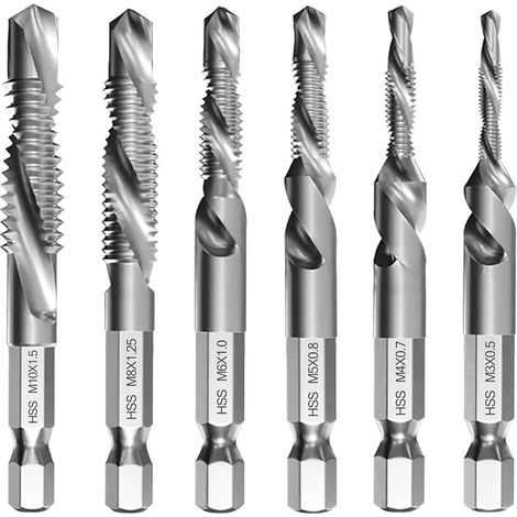 Lot de 6 Forets Taraudeurs Combinés M3 M4 M5 M6 M8 M10 avec Tige Hexagonale 6 mm, Kit Taraudage, Taraud Machine, Revêtement Antirouille, pour Perçage et Taraudage Simultané, Outils Multifonction (1/5)