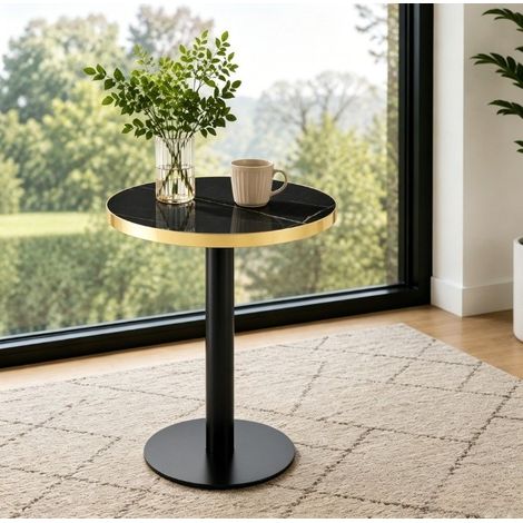 Tavolino rotondo moderno nero con piano effetto marmo e bordo dorato, struttura in metallo, 60 cm (1/5)