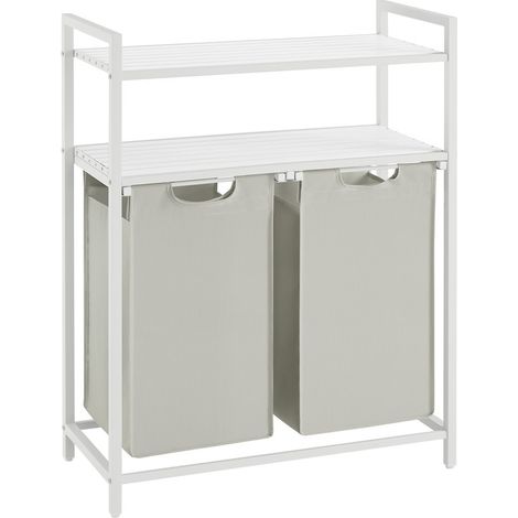 Vasagle – Panier à linge 2 compartiments 92L – 2 sacs amovibles en tissu Oxford – 2 étagères – Cadre en métal – Dimensions 73x33x92 cm – Blanc