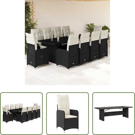vidaXL Gartenstuhl - 11-tlg. Garten-Bistro-Set mit Kissen Schwarz Poly Rattan (1/5)