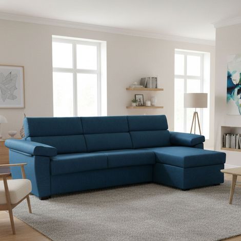 Sofá Cama con Chaiselongue Tolle, Desenfundable, Contenedor Hecho en Italia, Hidrófugo Multiposición, 285x160 cm azul (1/5)