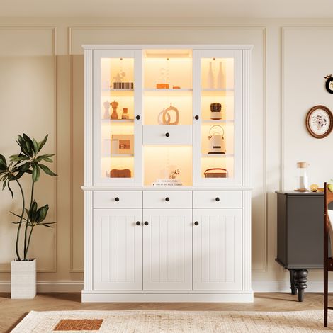 Vitrine haute 119,5x40x180 cm, LED, 5 portes, 4 tiroirs, 21 compartiments de rangement, MDF, Blanc (1/5)