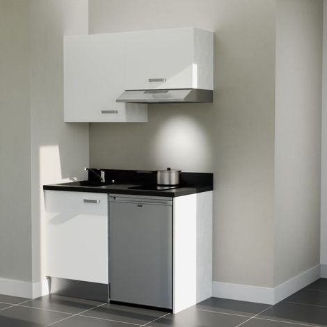 Kitchenette K01L - 120 cm - plan monobloc évier intégré Nero- évier à gauche - Façades Blanc + Electroménager inclus coloris Inox (1/5)