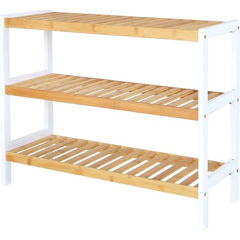 dibea Schuhregal mit 3 Ablagefächern, Schuhschrank, Bambusregal, Standregal, Küchenregal, Wohnzimmerregal, 70 x 26 x 55 cm, naturfarben / weiß