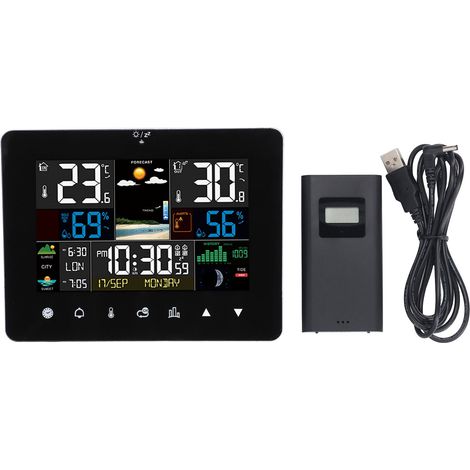 Calendario meteo wireless, orologio, touchscreen a colori, sensore RF, misurazione di temperatura e umidità, per uso interno ed esterno. (1/5)