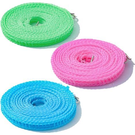 Lot de 3 étendoirs à linge coupe-vent, antidérapants et portables, 5 m, avec crochets, pour jardin, camping, voyage, vacances, camping-car (1/5)