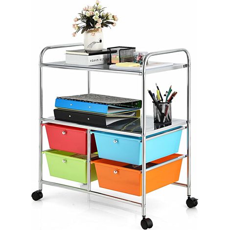 COSTWAY Carrello con 4 Cassetti e 2 Ripiani, Carrello Portaoggetti con Ruote per Cucina Bagno Ufficio, Multiuso, 58,5x37x75 cm (Colorato 2) (1/5)