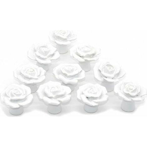 Türgriffe aus Keramik mit Rosenmotiv, geeignet für Kommoden, Küchenschränke, Küchenschränke und Schubladen, 10er-Pack, Weiß (1/5)